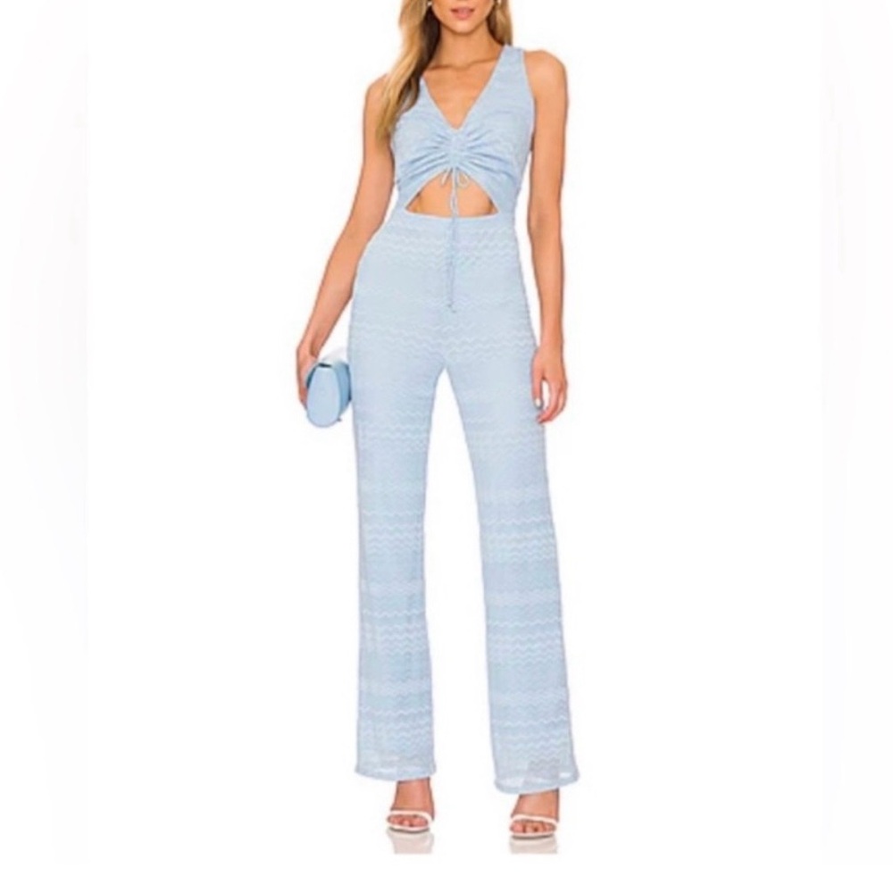 Lovers + Friends Light Blue Crocheted Cutout Jumpsuit with Tie